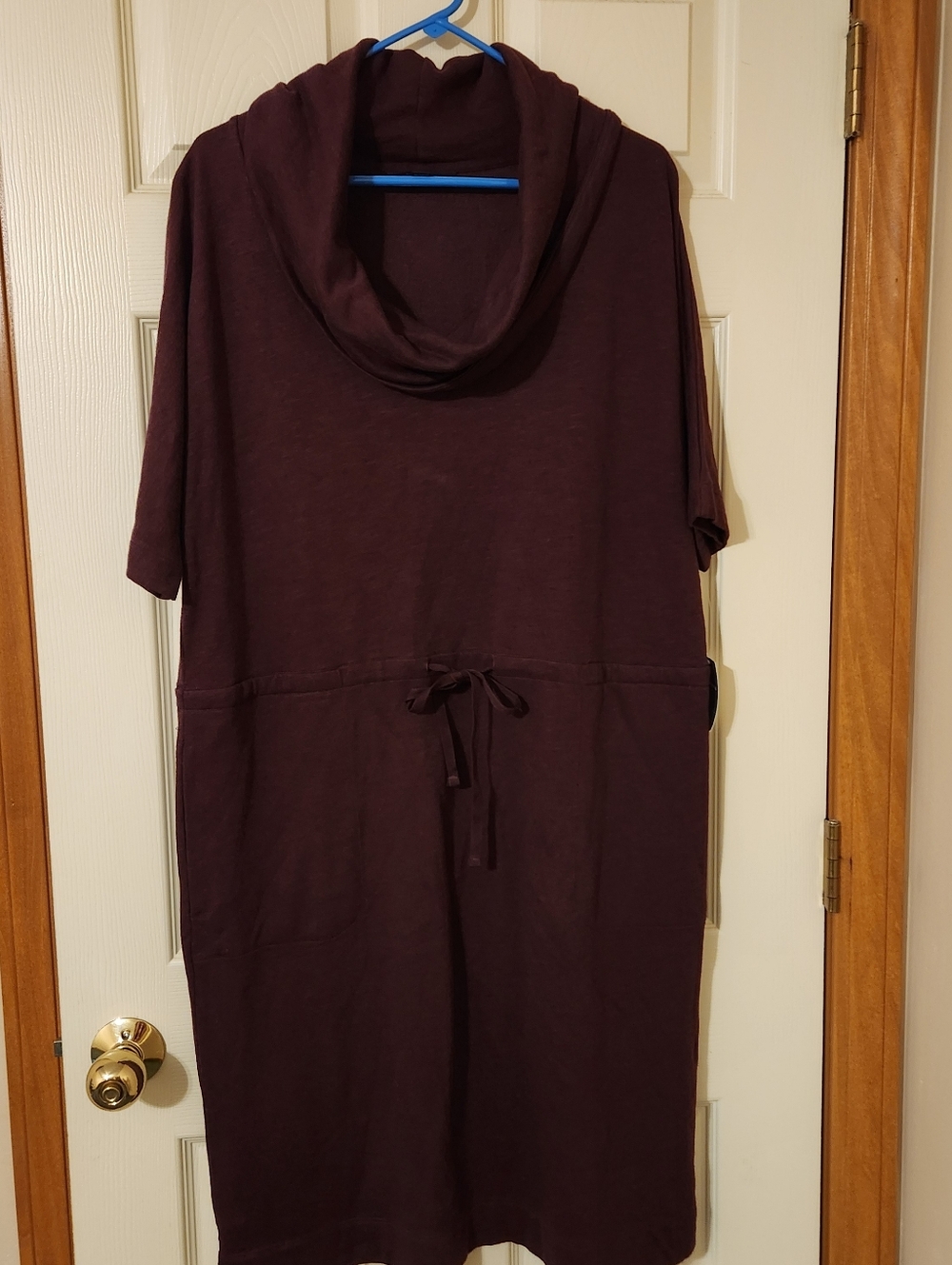 Lands End Woman’s Size L 3/4 Sleeve French Terry Slub Cowl Neck Dress Plum NWT